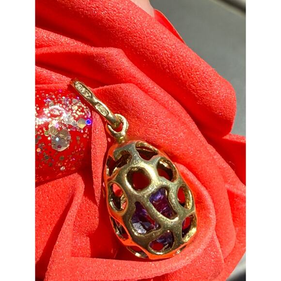 Faberge Gold Plt Violet Purple Egg Pendant Sterling Silver Russian Necklace Jewl - Picture 16 of 16